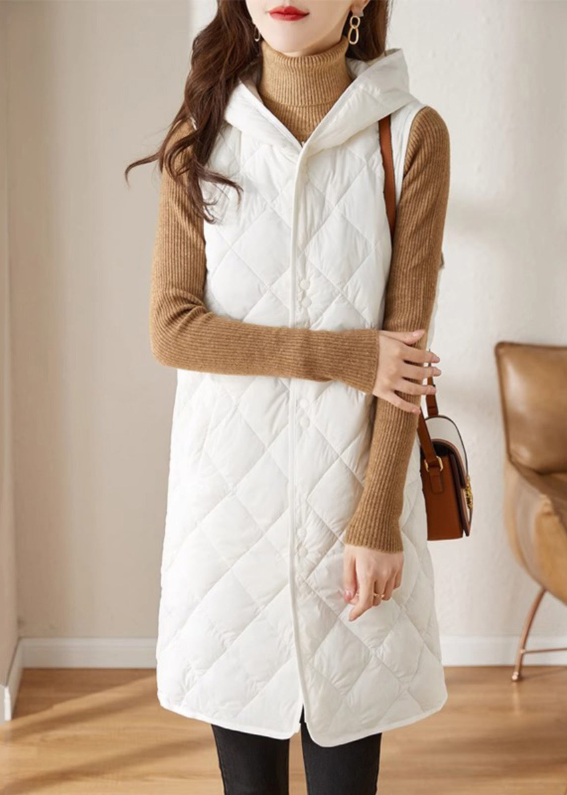 French Apricot Hooded Pockets Fine Cotton Filled Vest in Winter