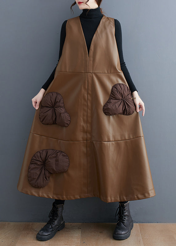 Khaki Stereoscopic Faux Leather Maxi Dresses V Neck Sleeveless
