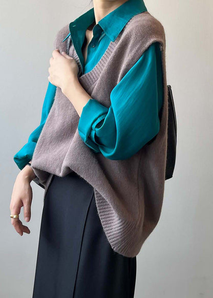 Simple Versatile Khaki V Neck Knit Vest Sleeveless