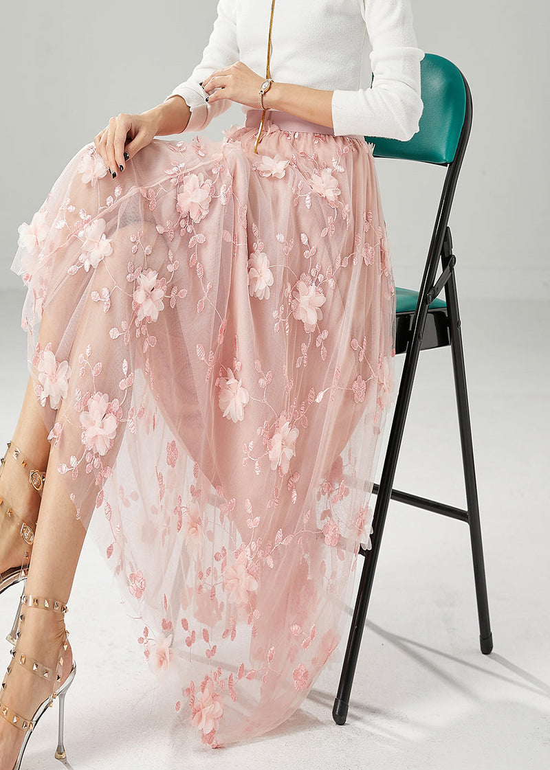 Pink Embroideried Stereoscopic Tulle Skirt Fall