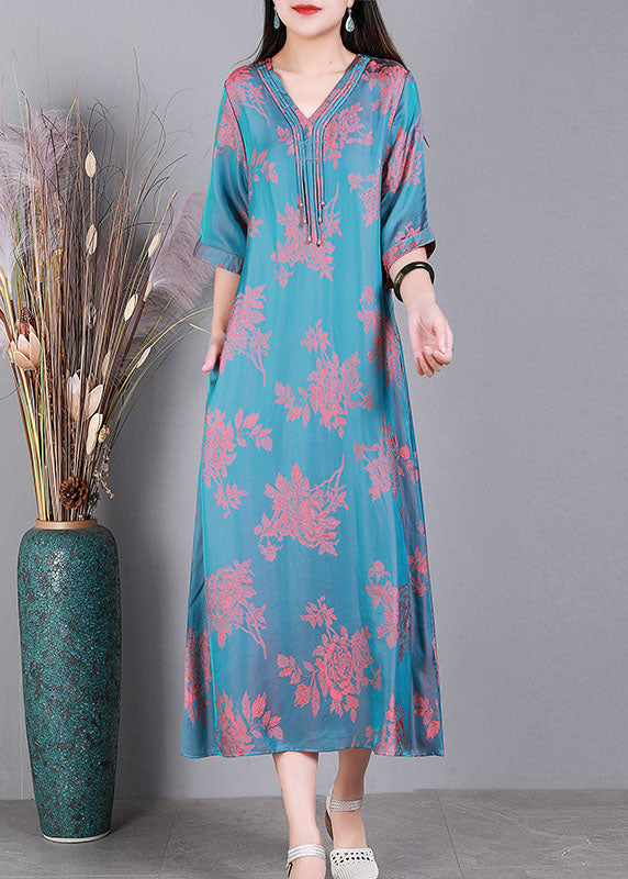 Lake Blue V Neck Jacquard Tassel Silk Holiday Dress Half Sleeve