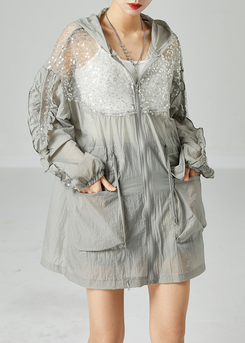 Grey Hooded Sequins Patchwork Drawstring Upf 50+ Coat Jacket Summer