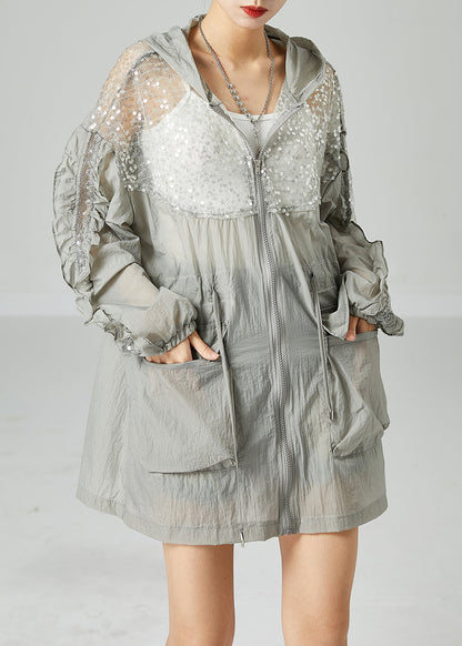 Grey Hooded Sequins Patchwork Drawstring Upf 50+ Coat Jacket Summer