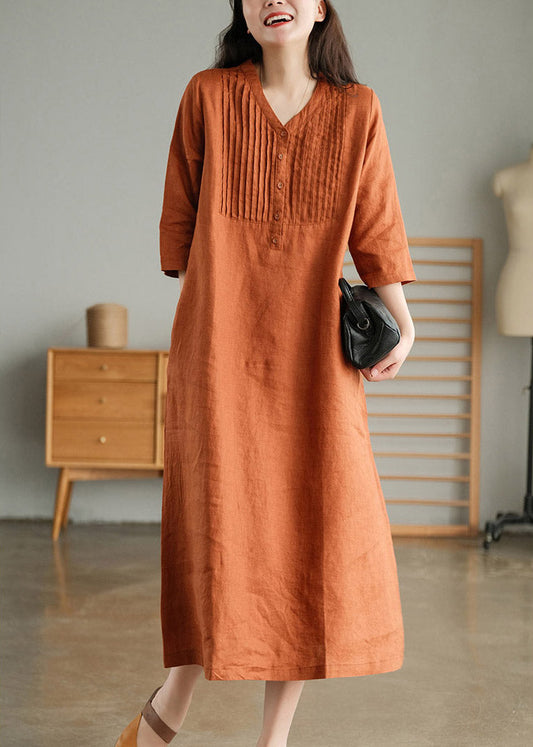 Orange Loose Linen Long Dresses Button Half Sleeve