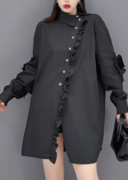 Black Peter Pan Collar Asymmetrical Ruffled Cotton Shirt Tops Spring