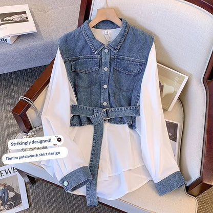 Style Blue Peter Pan Collar Patchwork Cotton Fake Two Piece Shirt Top Spring