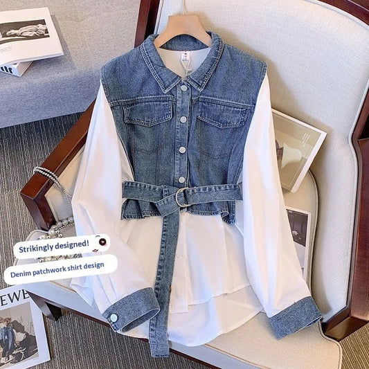 Style Blue Peter Pan Collar Patchwork Cotton Fake Two Piece Shirt Top Spring