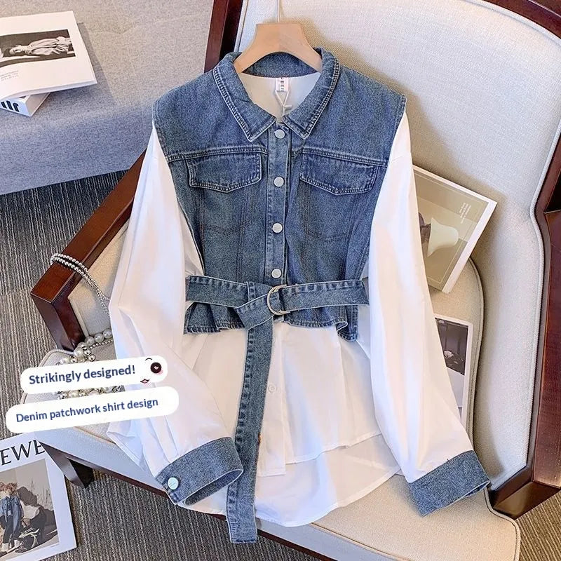 Style Blue Peter Pan Collar Patchwork Cotton Fake Two Piece Shirt Top Spring