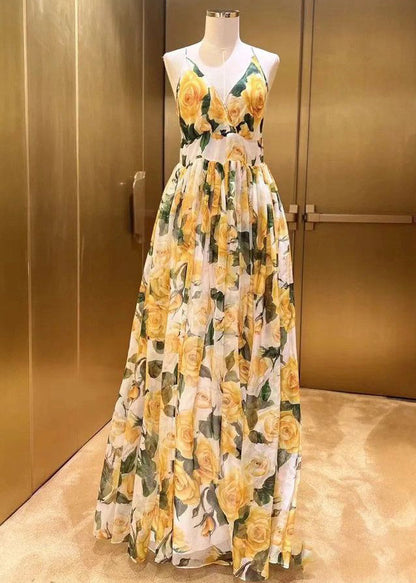 Yellow V Neck Print Chiffon Spaghetti Strap Dress Sleeveless