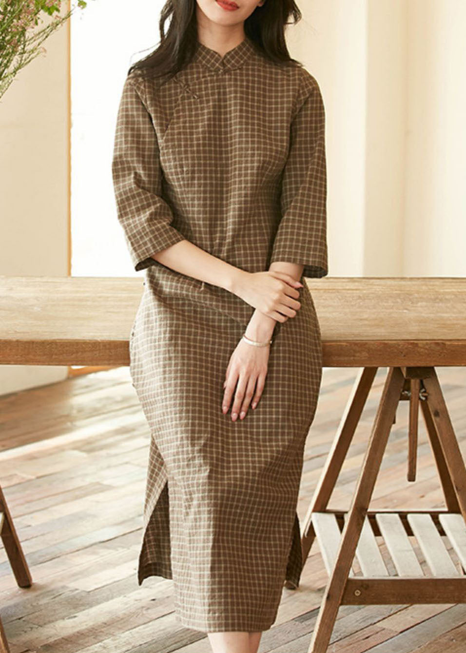 Green Mandarin Collar Plaid Side Open Cotton Cheongsam Dresses Bracelet Sleeve