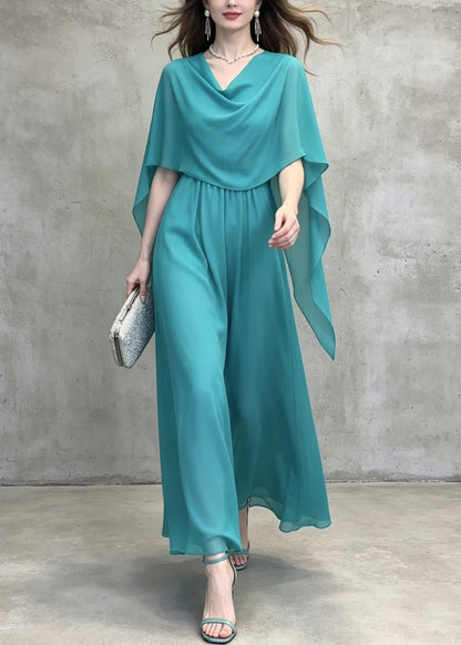 French Lake Blue Patchwork Chiffon Long Dress Summer