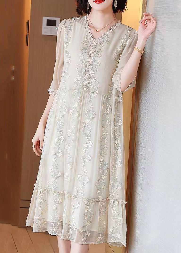 Beige Embroidered Lace Ruffled Silk Dresses Half Sleeve
