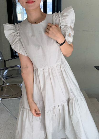 Beige Patchwork Cotton Dress Butterfly Sleeve