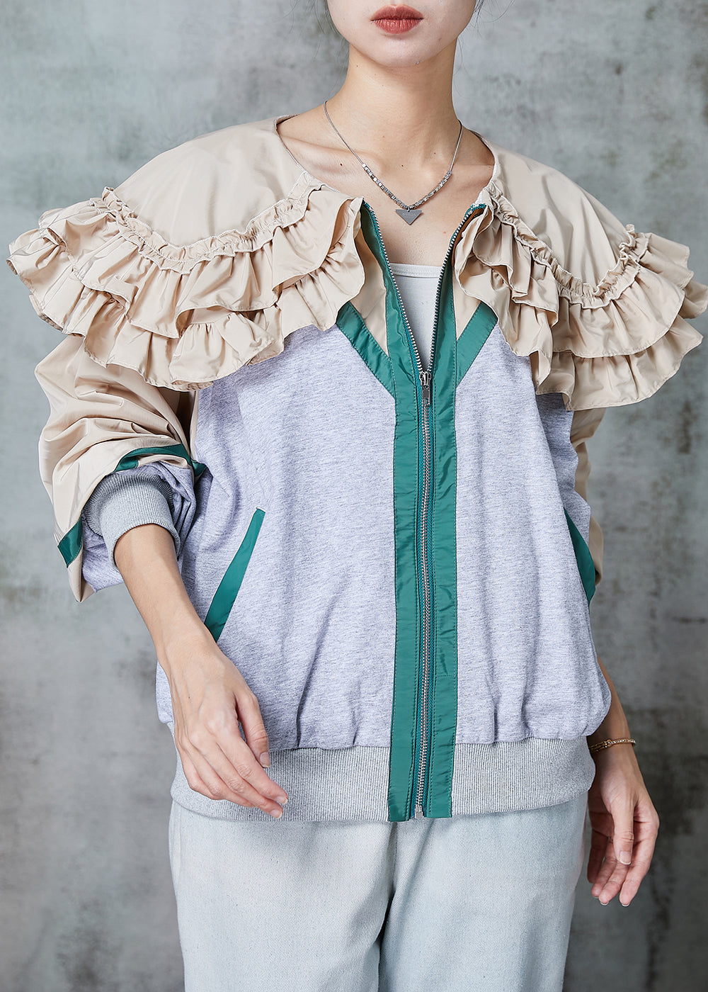 Diy Grey Ruffled Patchwork Cotton Jackets Spring