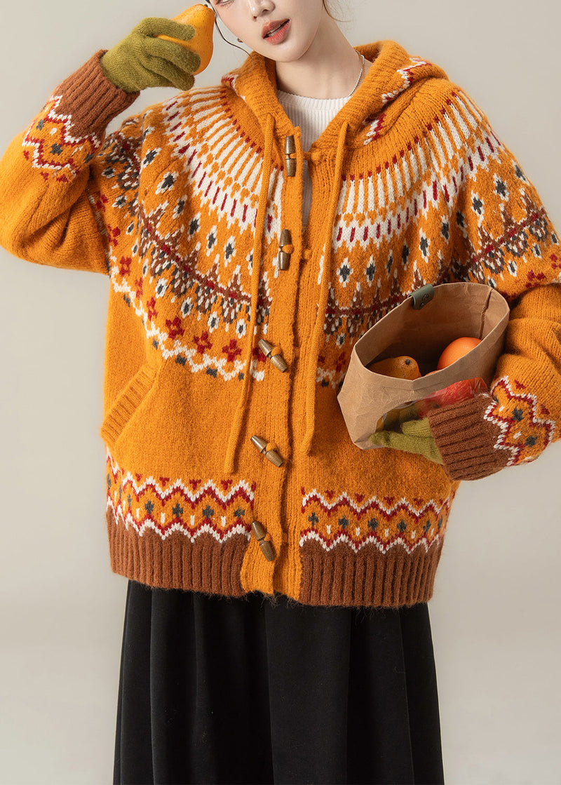 Stylish Orange Jacquard Hooded Knit Coat and Wide Leg Pants Two Pieces Set Spring
