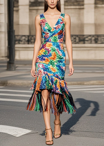 Multicolour Tasseled Print Knit Wraped Dresses Summer