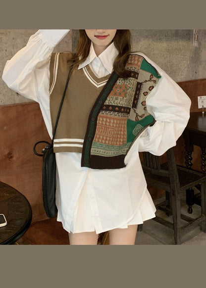 Chocolate Peter Pan Collar Patchwork Vest Shirt Top Spring