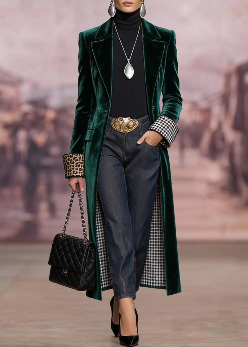 Green Peter Pan Collar Pockets Velvet Coat Spring