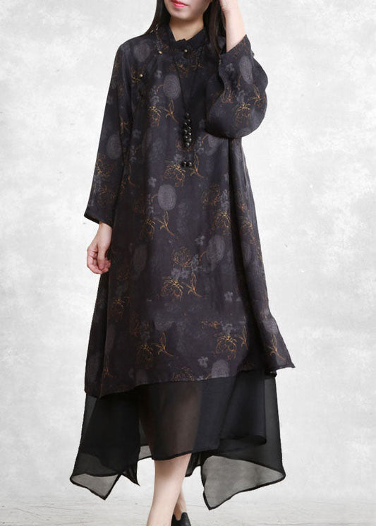 Black Mandarin Collar Tulle Patchwork Fake Two Piece Dress Long Sleeve