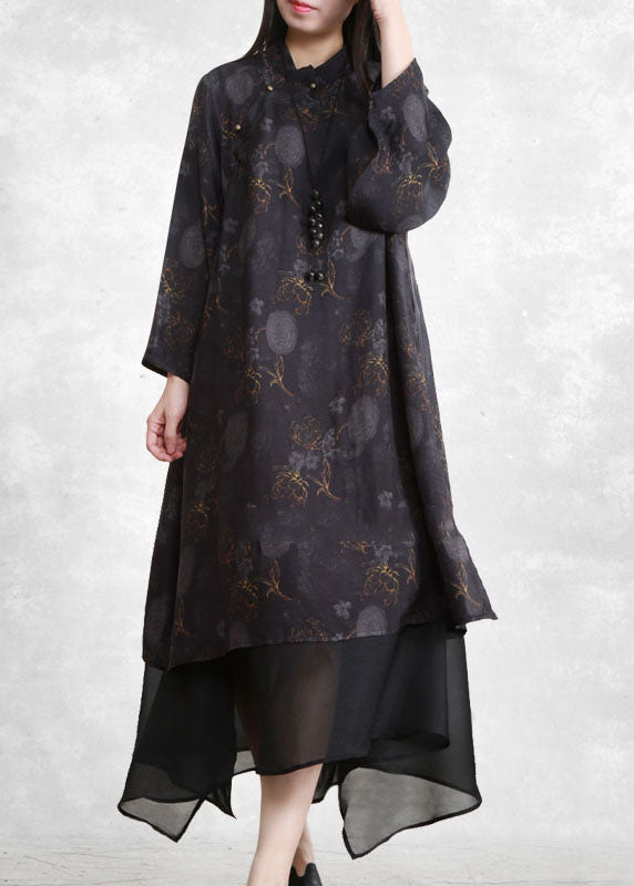 Black Mandarin Collar Tulle Patchwork Fake Two Piece Dress Long Sleeve