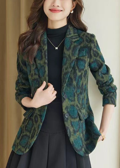 Green Leopard Print Woolen Coats Spring