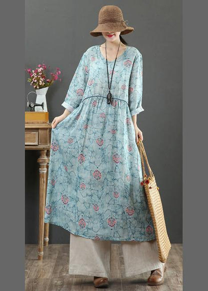 Blue Print Dresses O Neck Cinched Maxi Spring Dresses