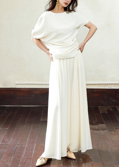White Asymmetrical Wrinkled T Shirts and Skirts Cotton Two Piece Set Summer