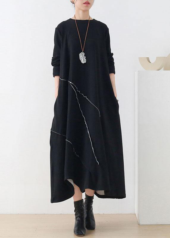 Natural Black O-neck Patchwork Fall Knit Dress Long Sleeve