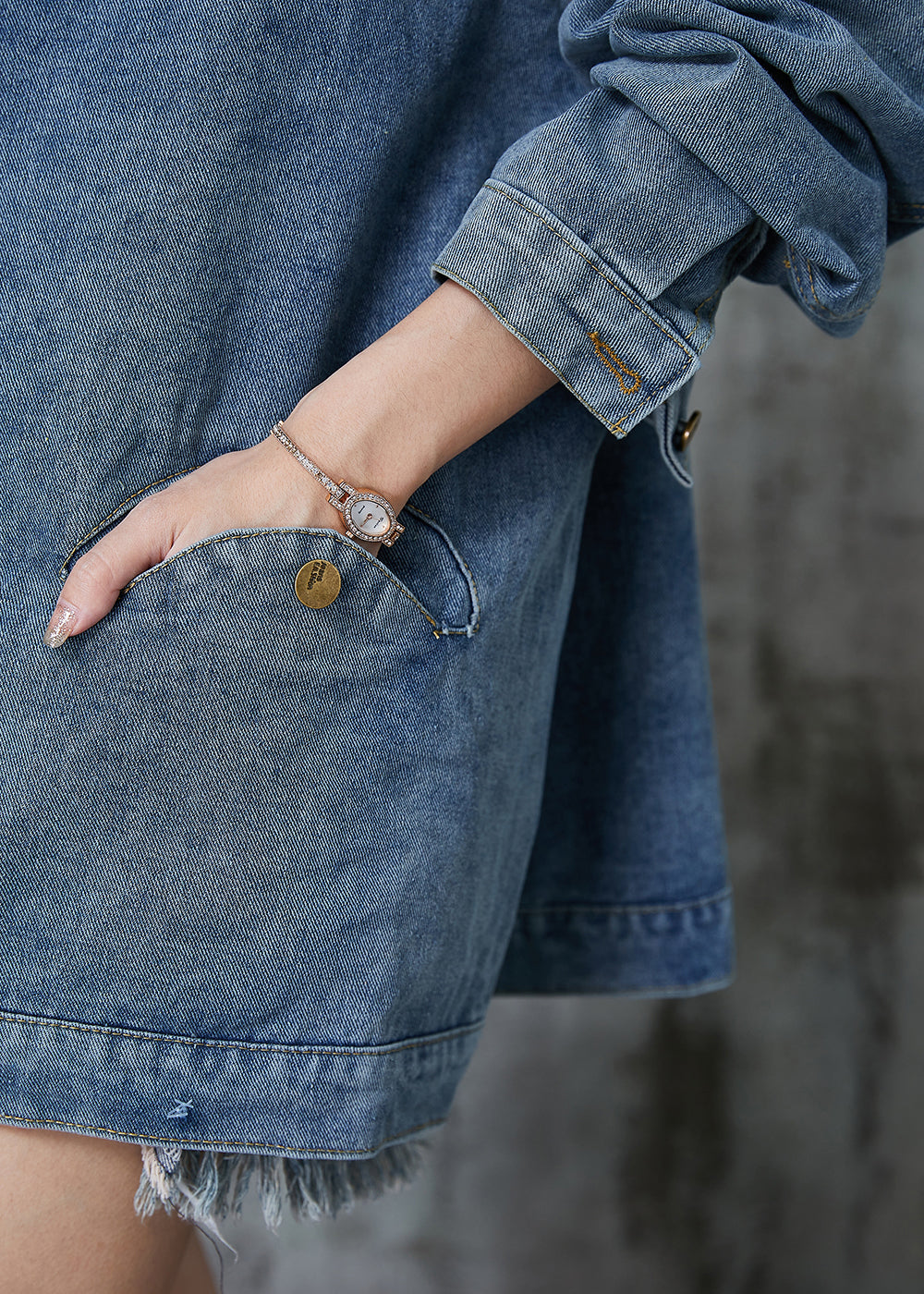 Navy Oversized Chinese Button Denim Coats Spring