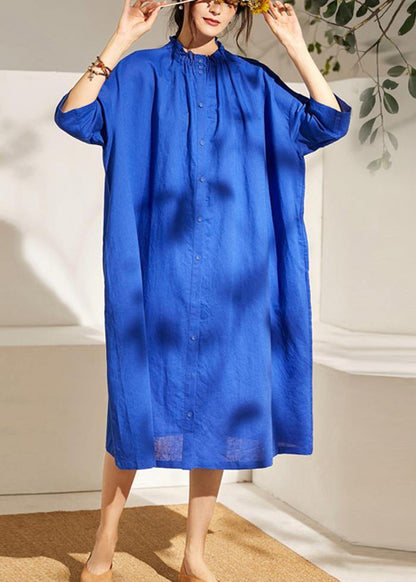 Boutique Blue Wrinkled Summer Linen Summer Dress Half Sleeve