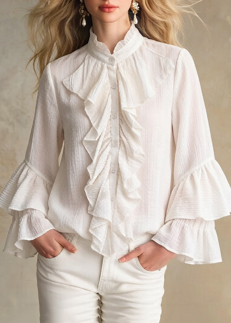 Apricot Stand Collar Ruffled Button Cotton Shirt Spring