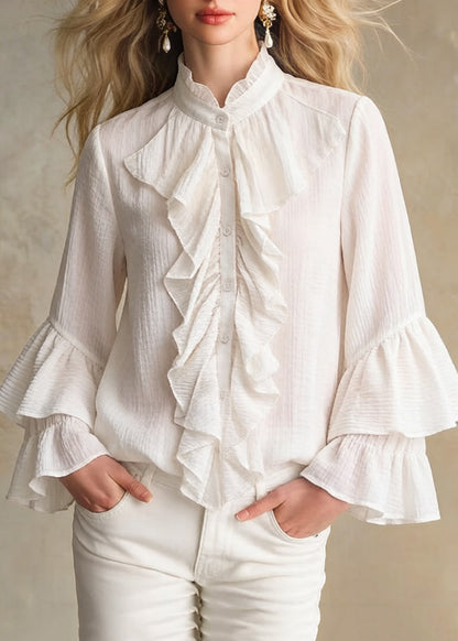 Apricot Stand Collar Ruffled Button Cotton Shirt Spring