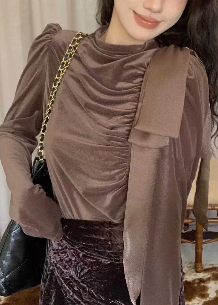 Coffee Turtleneck Wrinkled Bow Silk Velour Shirt Puff Sleeve