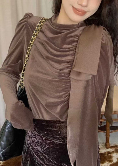 Coffee Turtleneck Wrinkled Bow Silk Velour Shirt Puff Sleeve