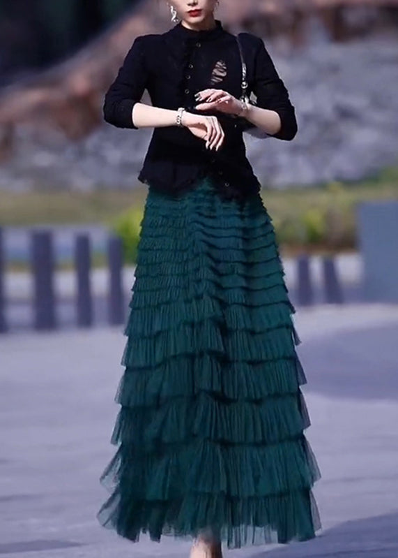 French O-neck Button Top and Tulle Pleated Skirt Two Piece Set Spring