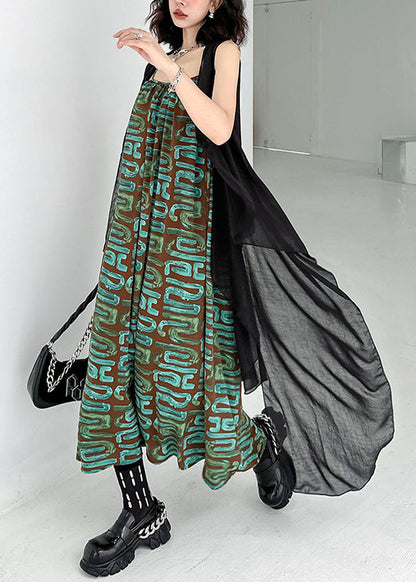 Black Waistcoat and Spaghetti Strap Dress Patchwork Chiffon Two Pieces Set Sleeveless