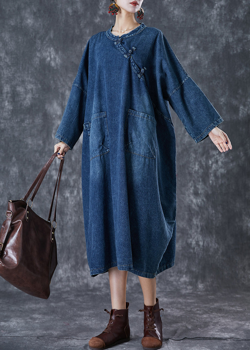 Navy Oversized Chinese Button Denim Maxi Dress Fall