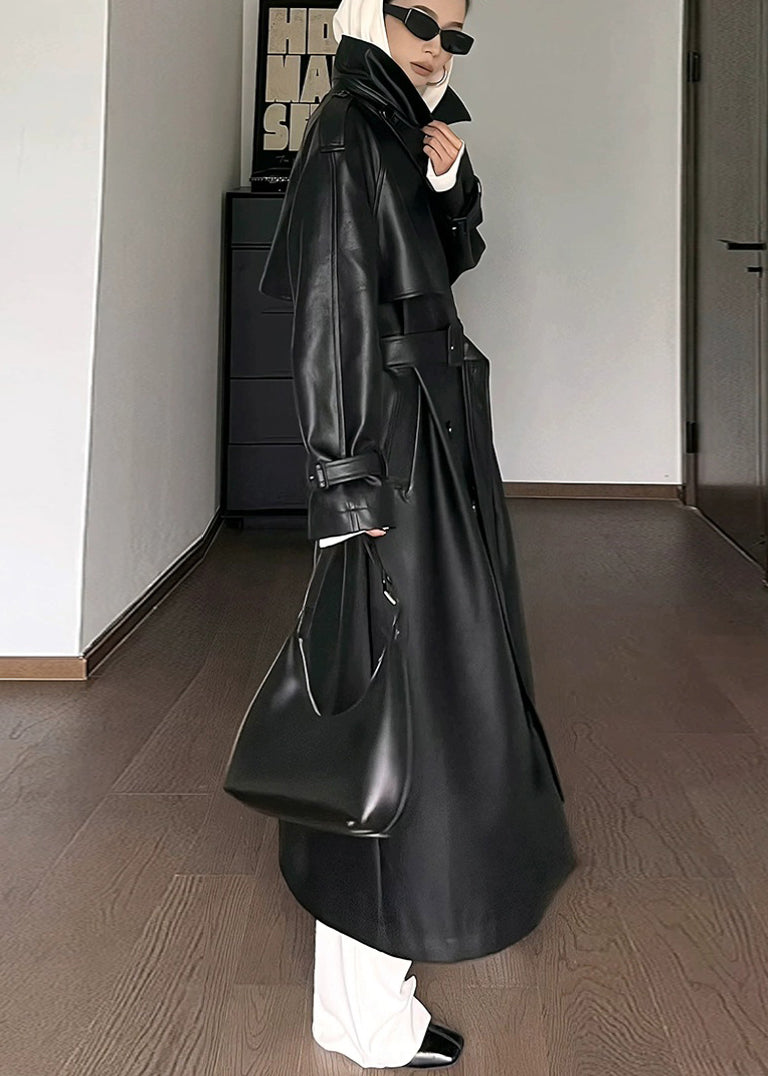 Black Peter Pan Collar Tie Waist Pockets Faux Leather Coat Fall
