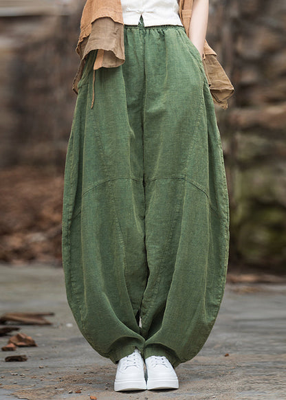 Green Pockets Elastic Waist Patchwork Linen Pants Fall