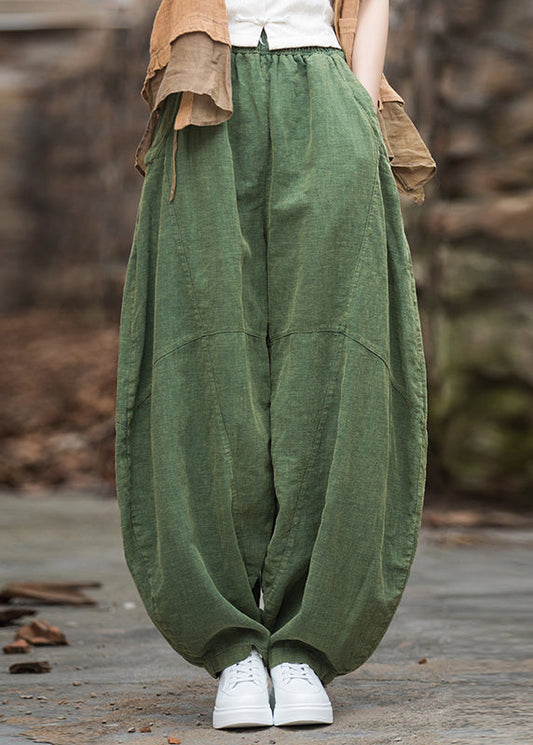 Green Pockets Elastic Waist Patchwork Linen Pants Fall