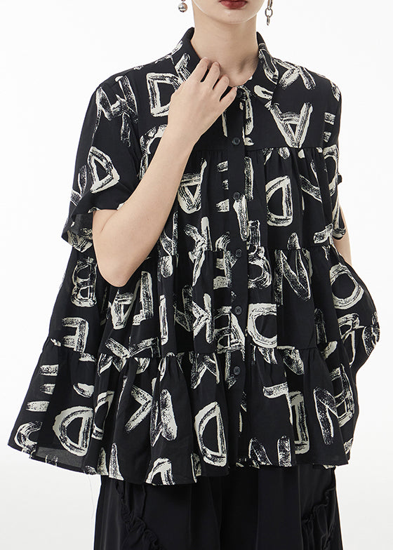 Black Print Wrinkled Patchwork Silk Shirt Short Sleeve