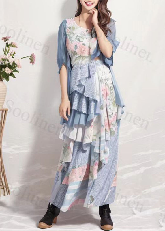 Fitted Colorblock O-neck Print Asymmetrical Silk Long Dresses Summer