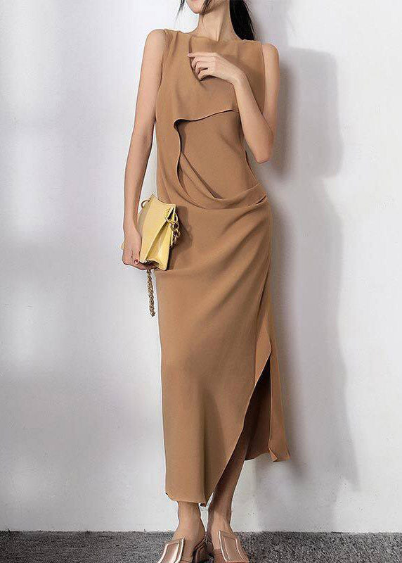 Slim Fit Camel Asymmetrical Side Open Holiday Long Dress Sleeveless