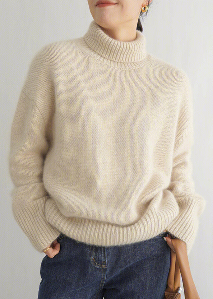 Beige Turtleneck Knit Sweater Winter