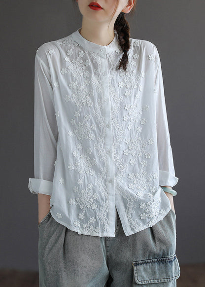 White Stand Collar Embroideried Button Cotton Shirt Long Sleeve