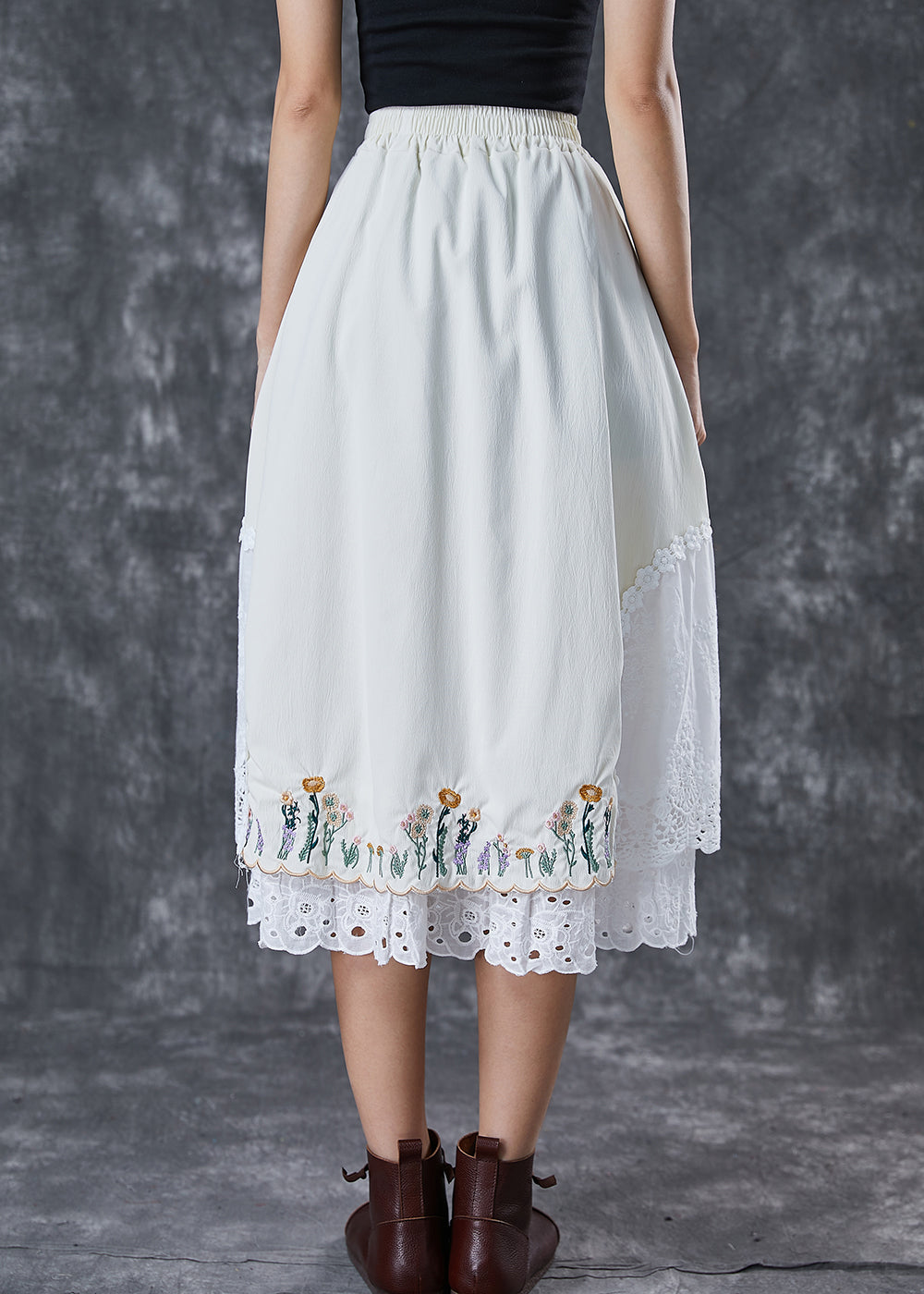 Handmade Beige Embroideried Patchwork Cotton Skirt Fall