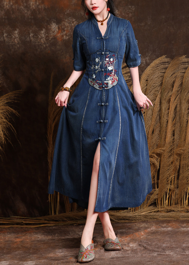 Organic Denim Blue V Neck Embroidered Patchwork Long Dresses Short Sleeve Summer