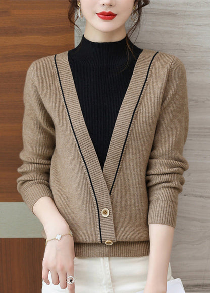 Khaki Half Hign Neck False Two Pieces Knit Sweater Tops Fall