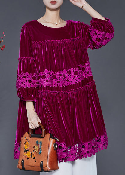 Rose Patchwork Lace Silk Velour Dress Oversized Lantern Sleeve