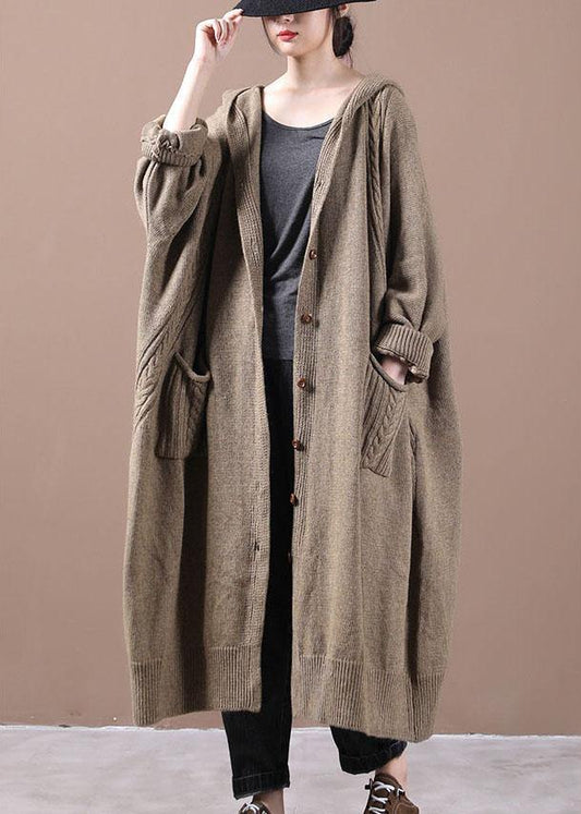 Khaki Button Pockets Fall Long Cardigans Coat